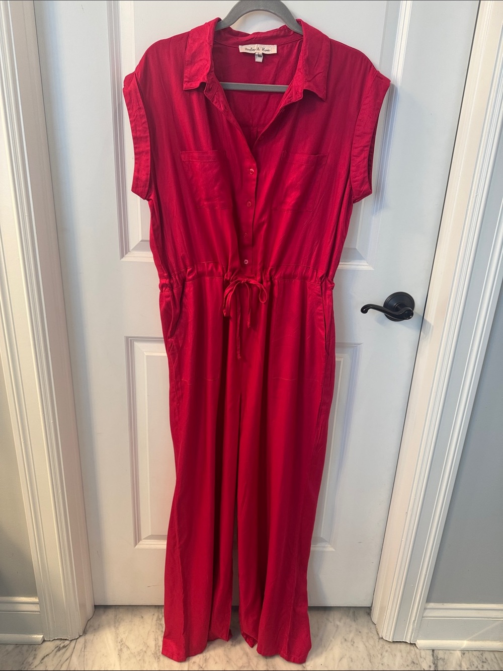 Cap sleeve pink Button-Front Jumpsuit with Drawstring Waist